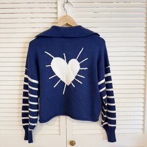 Kerri Rosenthal Blue and White Striped Heart Polo Sweater XS